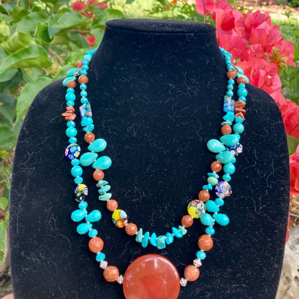 Two strand necklace with turquoise chips, and cinnamon agate pendant.  New